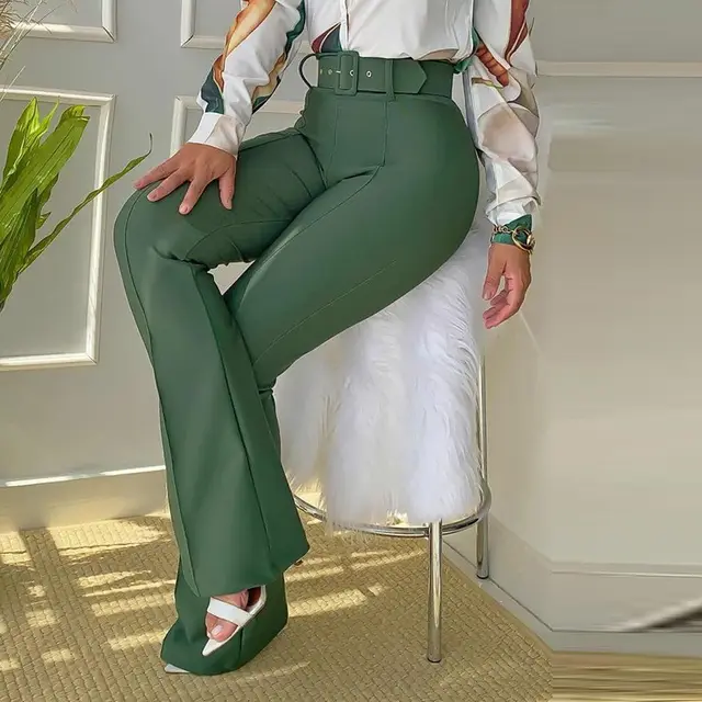 European And American Green Casual Shirt Trousers With Belt Green - Shop at LoveMi