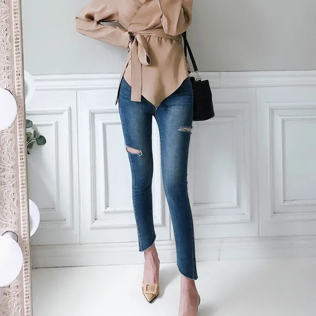 Temperament Ripped Trousers Pencil Pants Skinny Low Waist Jeans Dark Blue - Shop at LoveMi