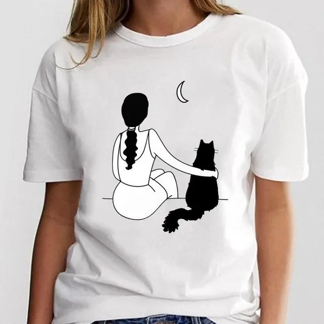 New Simple Cat Animal Cartoon Print Loose Round Neck Ladies White T Shirt Short Sleeve 13 Style - Shop at LoveMi