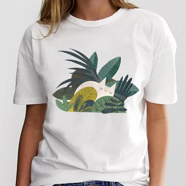 New Simple Cat Animal Cartoon Print Loose Round Neck Ladies White T Shirt Short Sleeve 16 Style - Shop at LoveMi