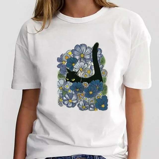 New Simple Cat Animal Cartoon Print Loose Round Neck Ladies White T Shirt Short Sleeve 5 Style - Shop at LoveMi