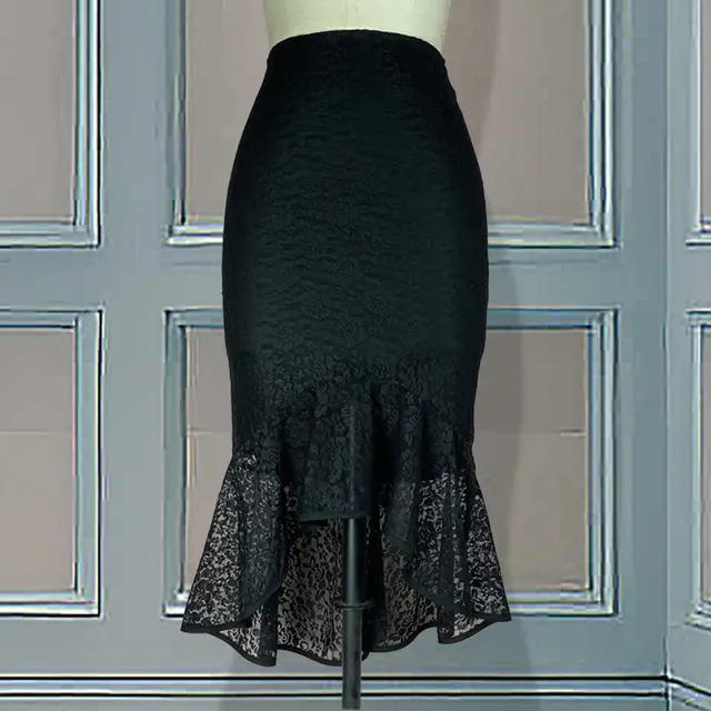 Hollow Lace High Waist Pack Hip Irregular Fishtail Skirt Black - Shop at LoveMi