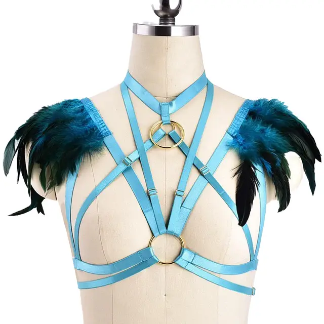 Colorful Goth Punk Harness Feather Lingerie Prom Show Bra Sapphire Blue - Shop at LoveMi