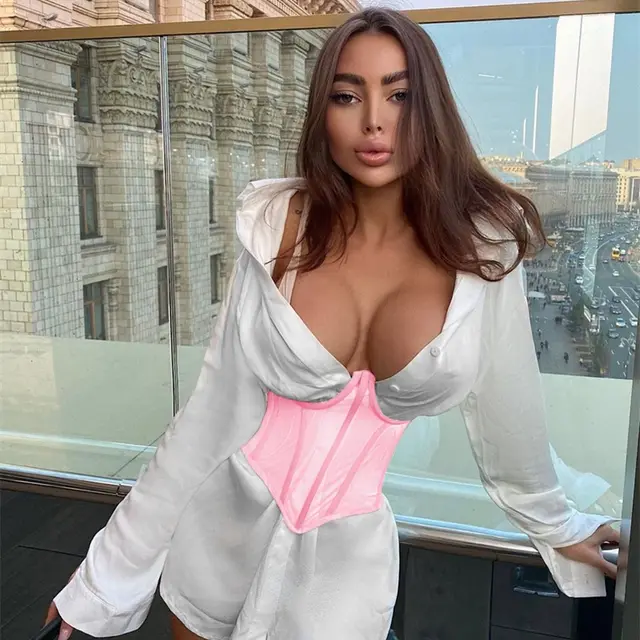 Versatile Solid Color Mesh Breastplate Fishbone Tie Rope Tunic Pink - Shop at LoveMi