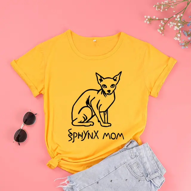 Women's Hairless Cat Pattern Letter Street Short Sleeve Yellow Black - Shop at LoveMi