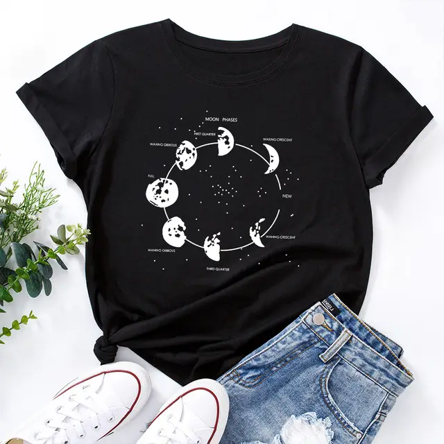 Cosmic Secret Print Loose Round Neck Short Sleeve T Shirt Women Black - Shop at LoveMi