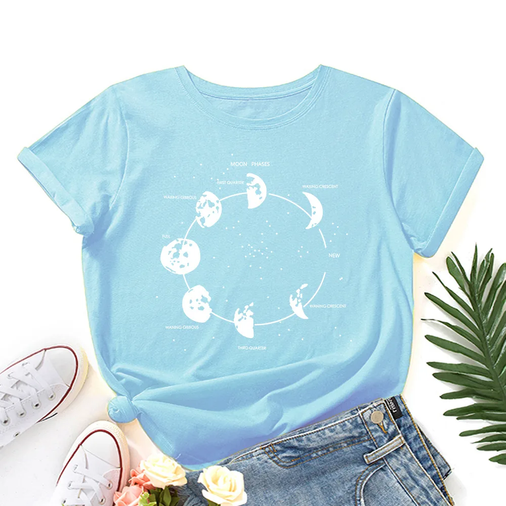 Cosmic Secret Print Loose Round Neck Short Sleeve T-Shirt Women - Light Blue