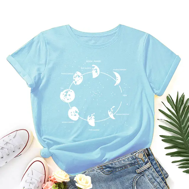 Cosmic Secret Print Loose Round Neck Short Sleeve T Shirt Women Light Blue - Shop at LoveMi