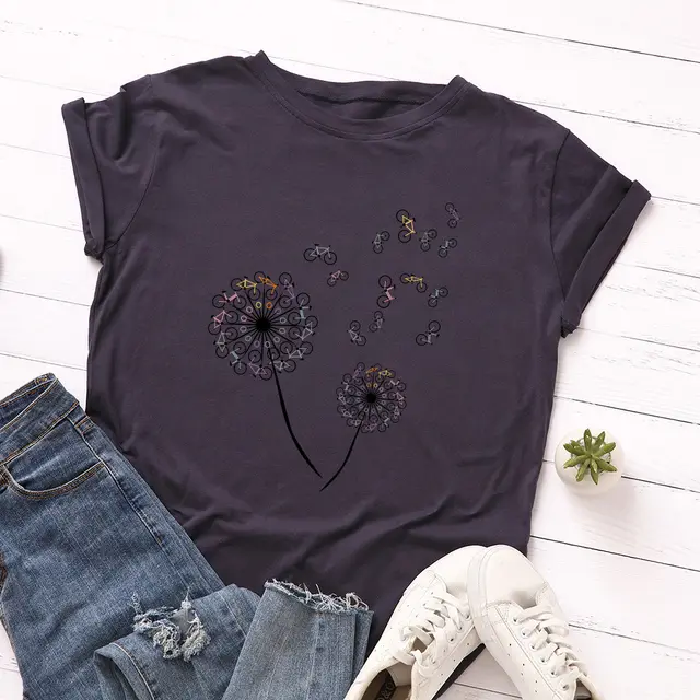 Women's Loose Dandelion Bike Round Neck Short Sleeve T shirt Navy Blue - Shop at LoveMi