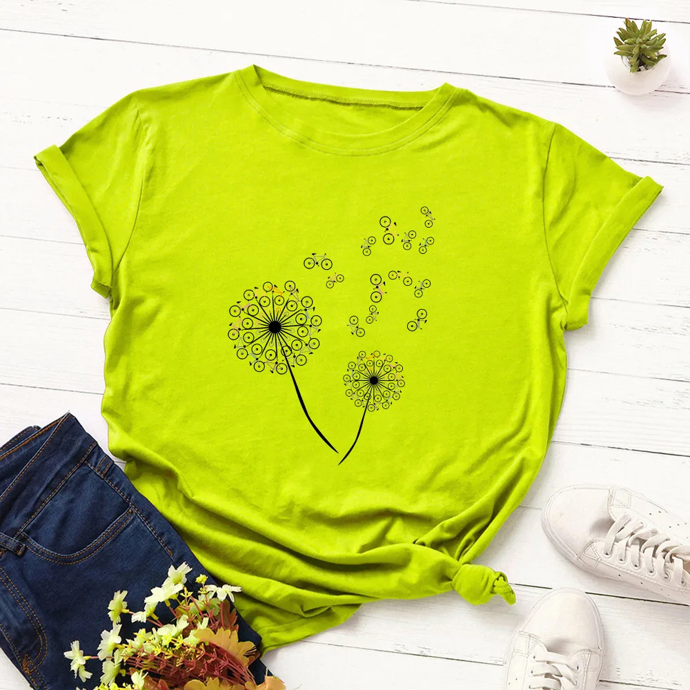 Women's Loose Dandelion Bike Round Neck Short Sleeve T shirt Green - Shop at LoveMi