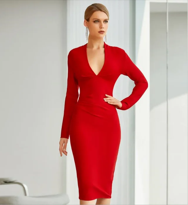 Solid Color High Waist Party Midi Red Dress Red - Shop at LoveMi