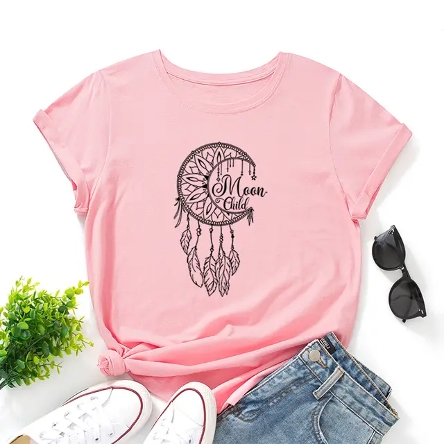 Women's Loose Round Neck Short Sleeve T shirt Dream Catcher Deep Pink - Shop at LoveMi
