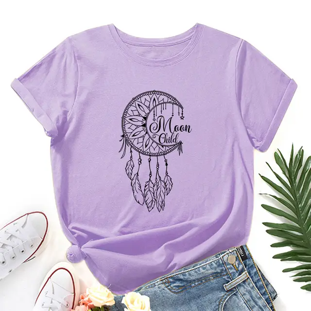 Women's Loose Round Neck Short Sleeve T shirt Dream Catcher Purple - Shop at LoveMi