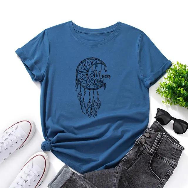 Women's Loose Round Neck Short Sleeve T shirt Dream Catcher Royal - Shop at LoveMi