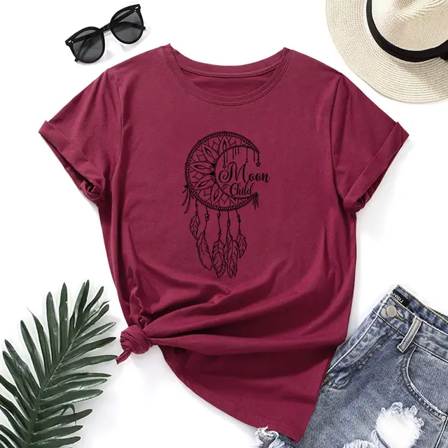 Women's Loose Round Neck Short Sleeve T shirt Dream Catcher Wine Red - Shop at LoveMi