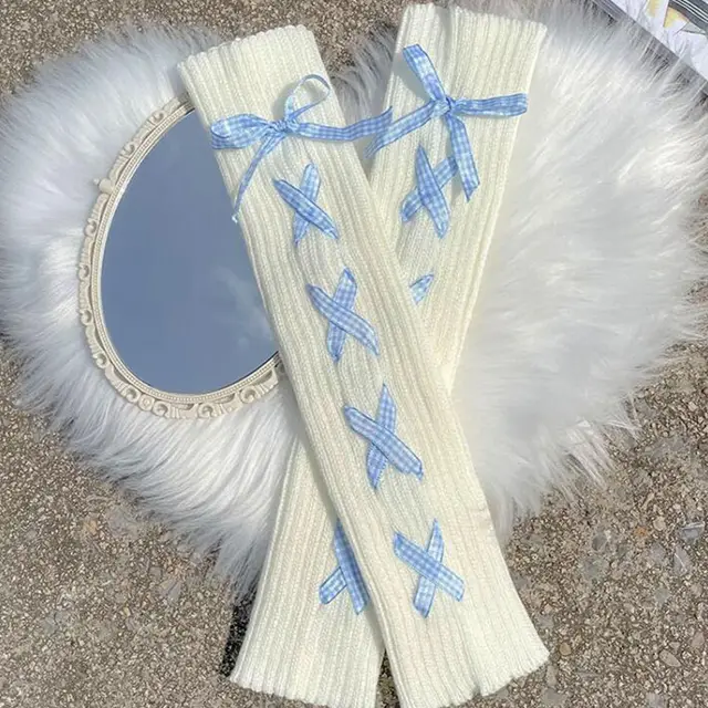 Women's Ribbon Lace Lace Cute Medium Tube Pile Socks White Blue - Shop at LoveMi