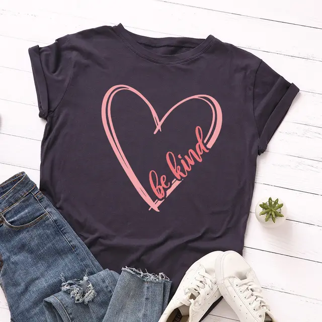 European And American Women's Loose Round Neck Heart shaped Love Short sleeved T shirt Navy - Shop at LoveMi