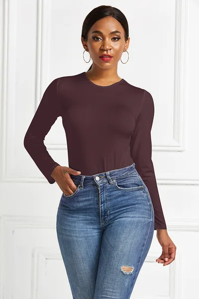 Bodysuit Women's Solid Color Long sleeved Round Neck Bottoming Shirt Top Brown - Shop at LoveMi