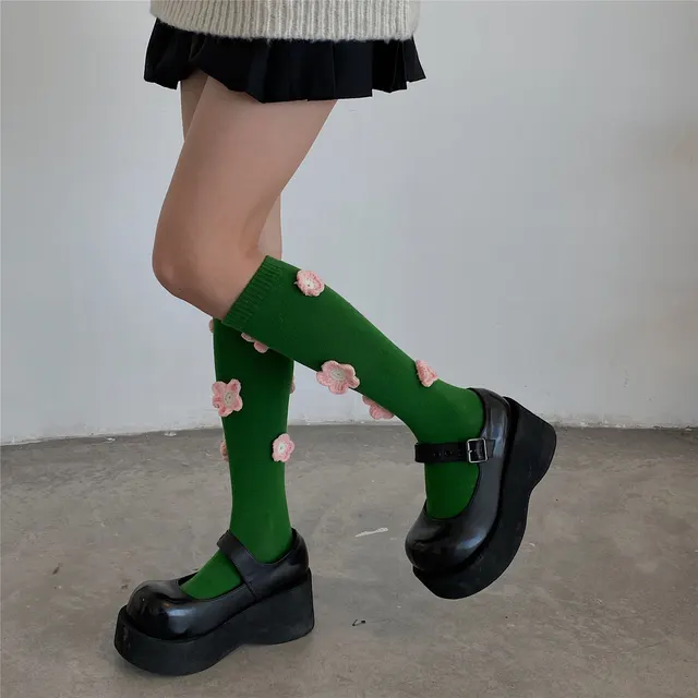 Tulip Hook Flower Long Socks Female Autumn And Winter Green - Shop at LoveMi