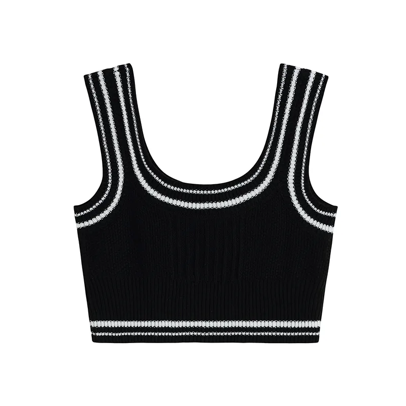 Spring Women's Sleeveless Black White Knitted Vest - Black