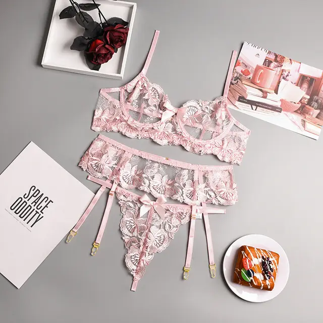 Ladies Underwear Flower Embroidery Patchwork Girdle Set Pink - Shop at LoveMi