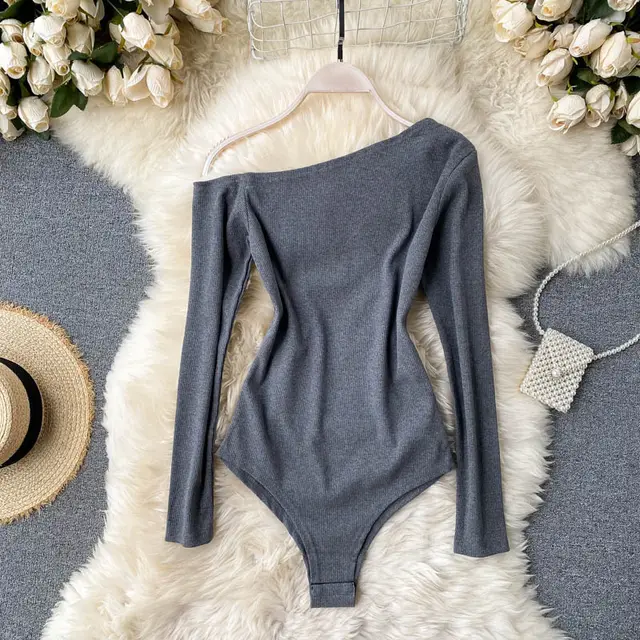 Diagonal Collar Strapless Long sleeved T shirt Women's Dark Grey - Shop at LoveMi