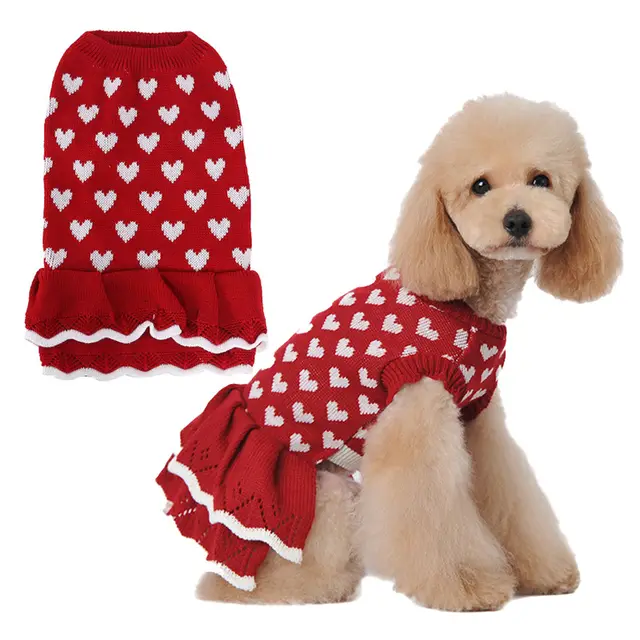 Autumn And Winter Warm Red Love Dog Clothes Sweater Skirt Red - Shop at LoveMi