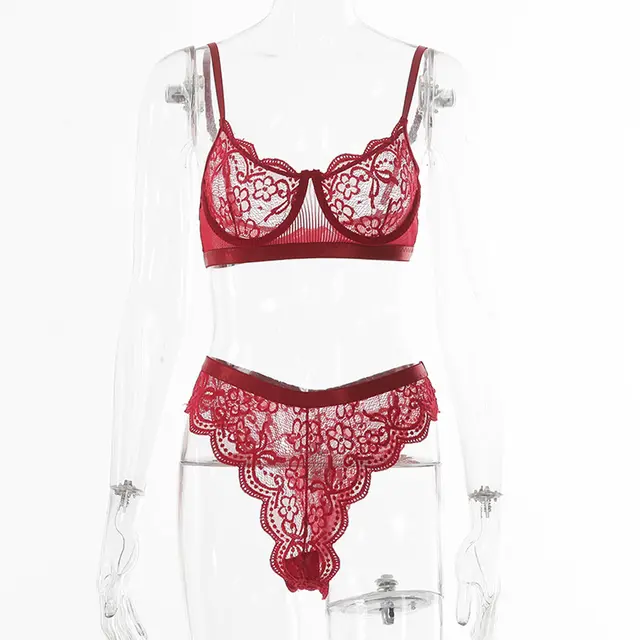 Women's Solid Color Lace Push Up Lingerie Set Wine Red - Shop at LoveMi
