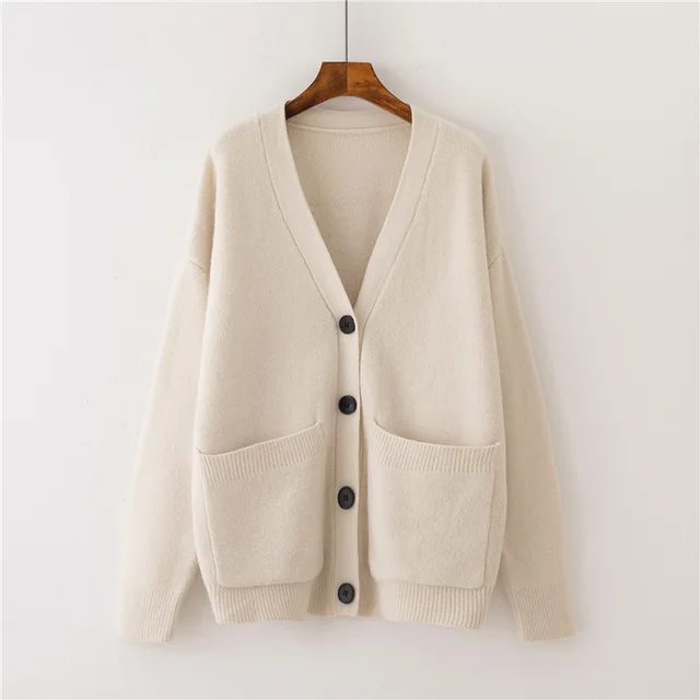 Women's New Lazy Style V Neck Knit Sweater Pocket Beige - Shop at LoveMi