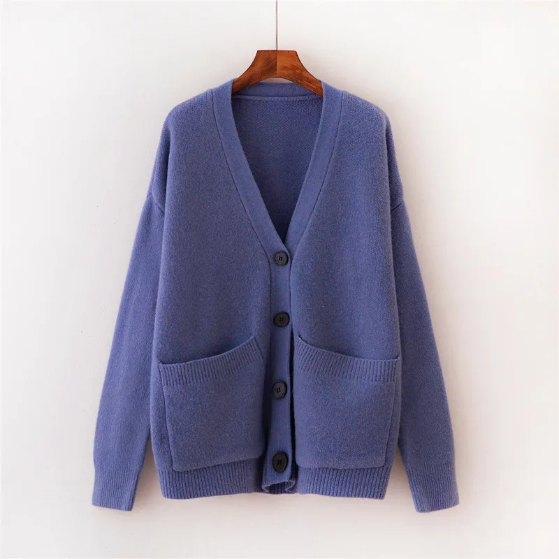 Women's New Lazy Style V Neck Knit Sweater Pocket Blue - Shop at LoveMi