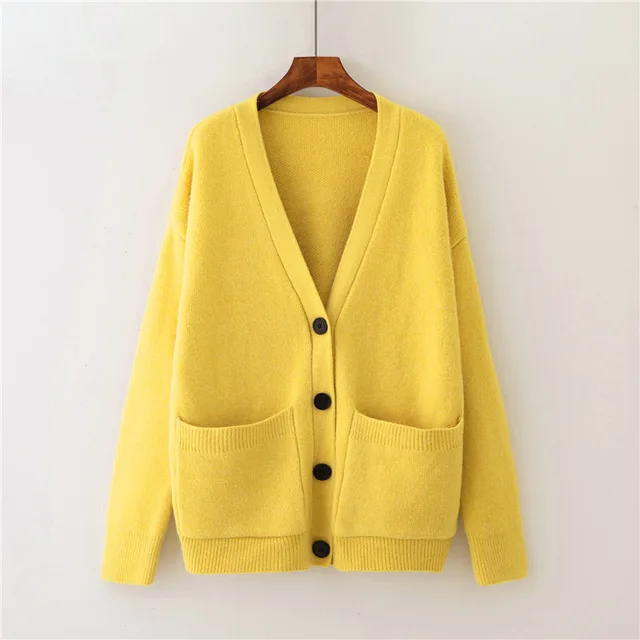 Women's New Lazy Style V Neck Knit Sweater Pocket Yellow - Shop at LoveMi