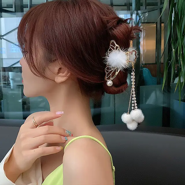 Large Metal Grab Clip On Back Of Head With Pearl Bow Plush Tassel Grip - Shop at LoveMi