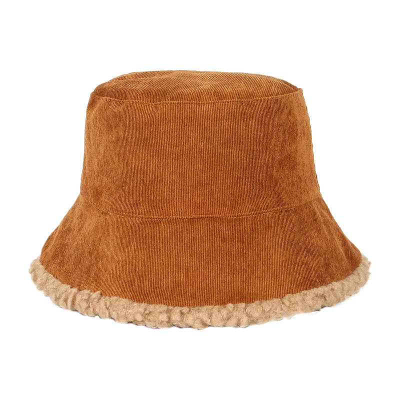 Warm Thickened Bucket Hat Double-sided Lamb Velvet Pot Hat - Brown