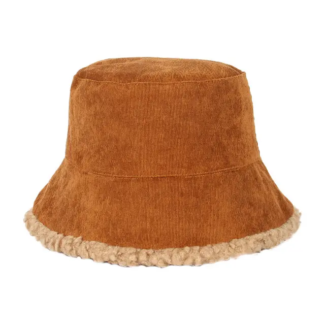 Warm Thickened Bucket Hat Double sided Lamb Velvet Pot Hat Brown - Shop at LoveMi