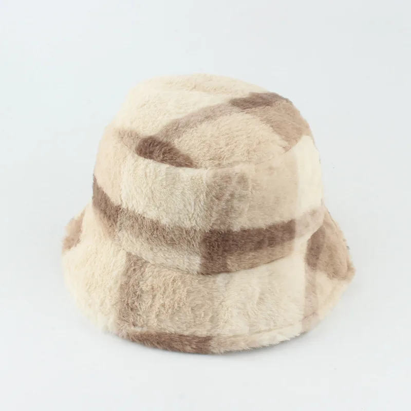 Plush Plaid Flat top Basin Hat Flannel Warm Hat Women Khaki - Shop at LoveMi