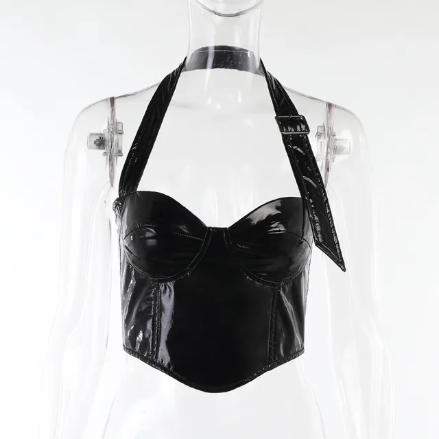 Solid Color Halter Neck Strapless PU Mirror Leather Top Black - Shop at LoveMi