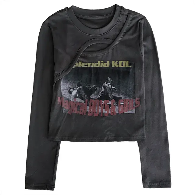 Irregular Cutout Print Crew Neck Slim Fit Short Long Sleeves Dark Grey Long Sleeves - Shop at LoveMi