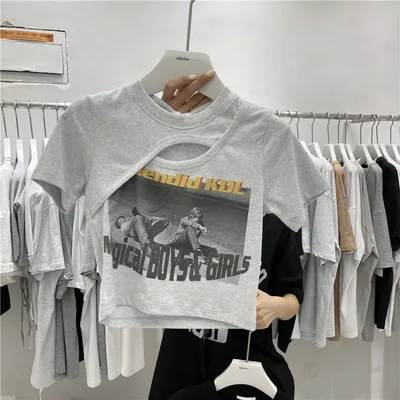 Irregular Cutout Print Crew Neck Slim Fit Short Long Sleeves Grey Short Sleeve - Shop at LoveMi