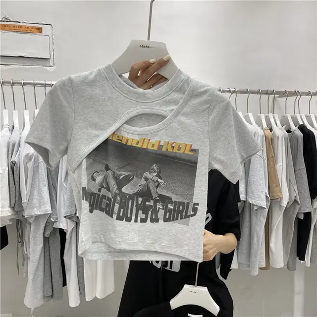 Irregular Cutout Print Crew Neck Slim Fit Short Long Sleeves - Grey Short Sleeve - View 1