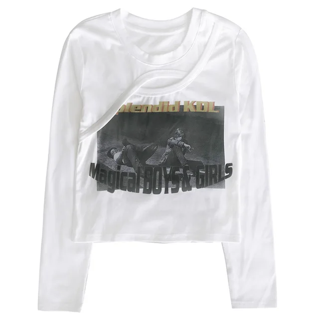 Irregular Cutout Print Crew Neck Slim Fit Short Long Sleeves White Long Sleeve - Shop at LoveMi