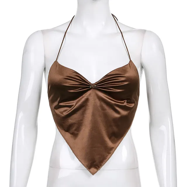 Satin Irregular Inverted Triangle V Neck Chest Strap Brown - Shop at LoveMi