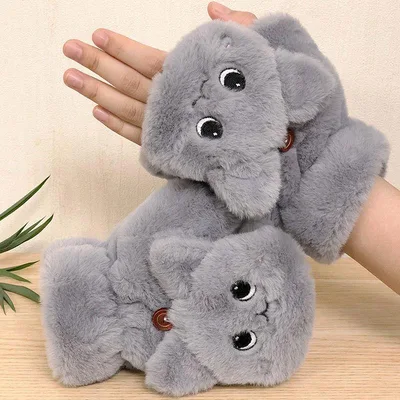 Winter Female Lovely Korean Version Writing Dew Finger Warm And Thick Velvet Gloves Round Eyes Grey - Shop at LoveMi