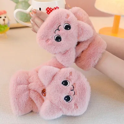 Winter Female Lovely Korean Version Writing Dew Finger Warm And Thick Velvet Gloves Round Eyes Pink - Shop at LoveMi