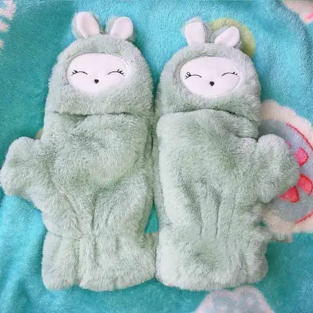 Winter Female Lovely Korean Version Writing Dew Finger Warm And Thick Velvet Gloves Squint Candy Green - Shop at LoveMi