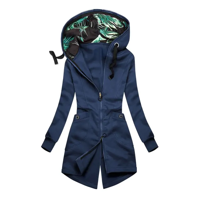 Ladies Long Sleeve Hooded Zip Cardigan Casual Jacket Navy Blue - Shop at LoveMi