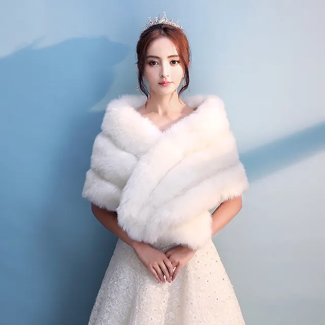 One Word Autumn And Winter Fox Bridal Wedding Fur Wedding Shawl White - Shop at LoveMi