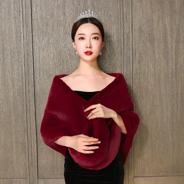 One Word Autumn And Winter Fox Bridal Wedding Fur Wedding Shawl Wine Red - Shop at LoveMi