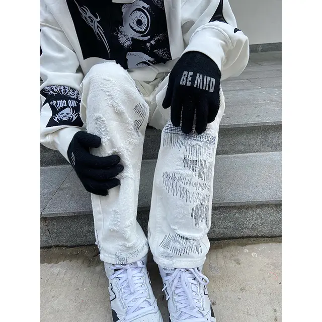 Women's Ripped Personality Knife Cut Loose Straight Jeans White - Shop at LoveMi