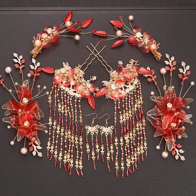 Classical Red Flower Liquid Ancient Style Headdress Fringed Hair Crown Bridal Hair Accessories 1 Style - Shop at LoveMi