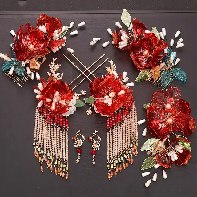 Classical Red Flower Liquid Ancient Style Headdress Fringed Hair Crown Bridal Hair Accessories 2 Style - Shop at LoveMi
